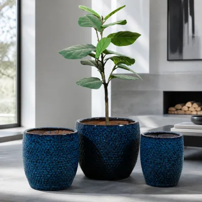 Wholesale Hammered Surface Ceramic Plant Pots Set High-End Blue Glazed Garden Planters with Custom Service