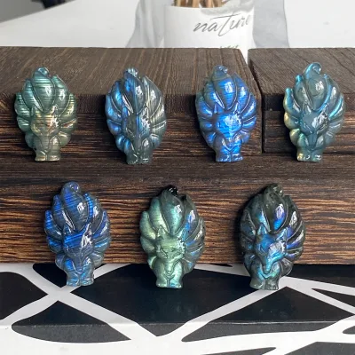 Natural Blue Flash Labradorite Nine Tailed Fox Carving Handmade Crystal Pendant for Jewelry Making