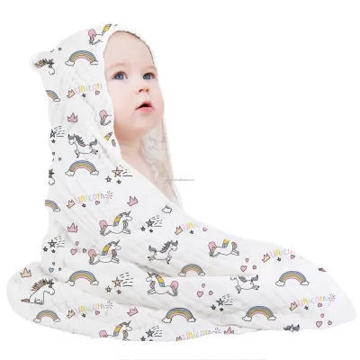 Custom 80*80cm Rainbow Unicorn Hood 100% Tulle Cotton Baby Towel Soft Absorbent Woven Essential Animal Cartoon Patterns Fiber
