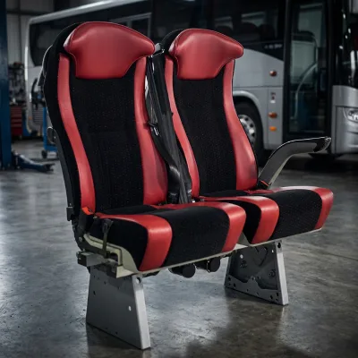 Two Tone Bus Double Seat Fabric Vinyl Passenger Chair High Back Wing Headrest 3 Point Seatbelt Adjustable