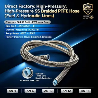 Superior Chemical Resistance PTFE Braided Hose, Custom Length Steel/Nylon Braid for Fuel & Oil Cooling Systems