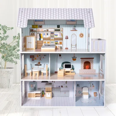 Kids Wooden Three-story Villa Doll House Ins Nordic Dreamy Blue Simulation Big Dollhouse Boys and Girls Birthday Gift House Toys