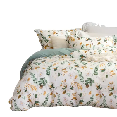 100% Washed Cotton Flower Printed Bedding Set Queen Size Linen Feel Quilt Cover Set