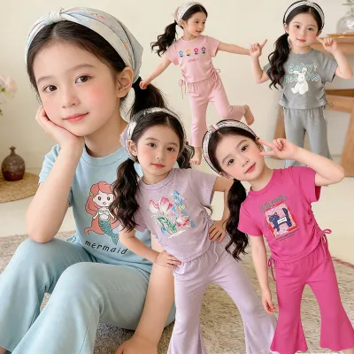 Girls Bell-Bottom Pants Set Short-Sleeve T-Shirt Summer Long Pants Lightweight Korean Style Animal Cartoon Flowers