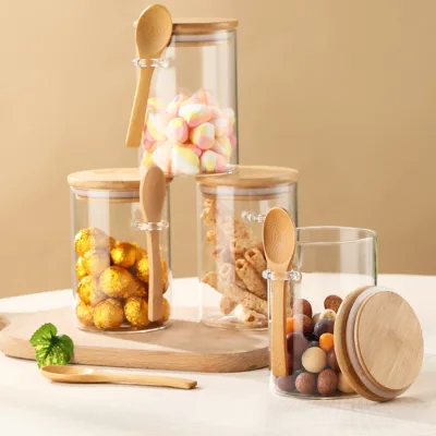 Hot Selling Glass Storage Jar With Spoon and Bamboo Lid Kitchenware for Snacks, Chocolate, Candies, Coffee Beans