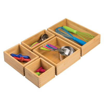 Multifunctional 5-Piece Bamboo Drawer Storage Box with Lacquer Countertop Shelves for Kitchen Organization