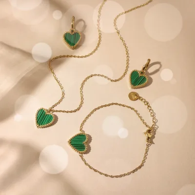 Fashion 18k Gold Plated Green Heart Shell Earrings Necklace Bracelet Tarnish Free Stainless Steel Jewelry Set for Women Gift