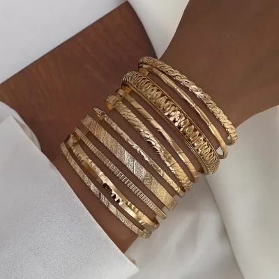 6pcs/Set Geometric Engraved Twisted Gold Cuff Bangles Set Chunky Bracelet For Women Jewelry