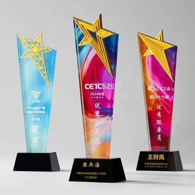Wholesale Metal Pentagram Trophy Gold Silver Copper Crystal Color Printing Trophy Crystal Trophy