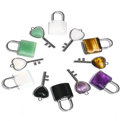 Natural Stone Love Key Lock Pendant Necklace Gemstone Jewelry