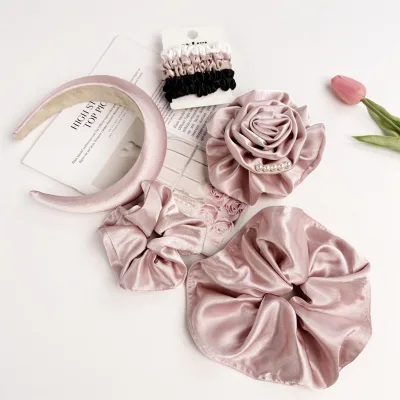 French Elegant Colorful Fabric Oversize Custom Hair Accessories Silk Headbands Hair Ties Hair Scrunchies Set Wholesale