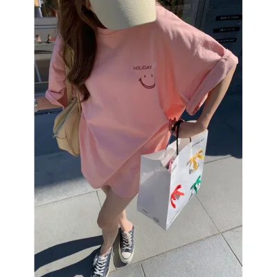 2023 New Arrivals 100% Cotton Crewneck Solid Color Loose Fitting Women Oversized Smiling Face T Shirt
