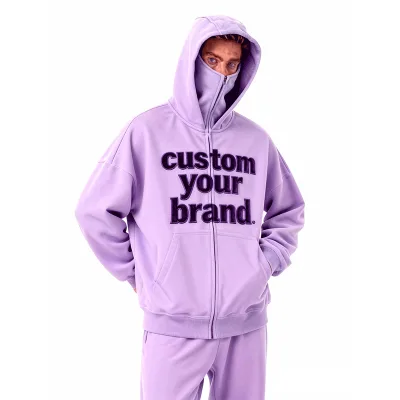 Custom Men's Winter Acid Washed Balaclava Hoodies 100% Cotton Fleece Zip-Up Breathable Thermal Hoodie for Men Double Hood Pocket