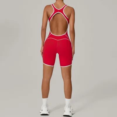 Fashionable Contrast Color Tight Fit Open Back Design Stylish One Piece Outfit Jumpsuit for Women