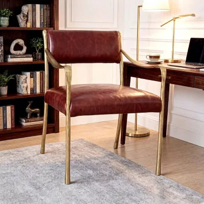 Vintage Brass Metal Frame Dining Armchair Retro Genuine Leather Upholstered Dining Chair Luxury Restaurant Hotel Side Chair
