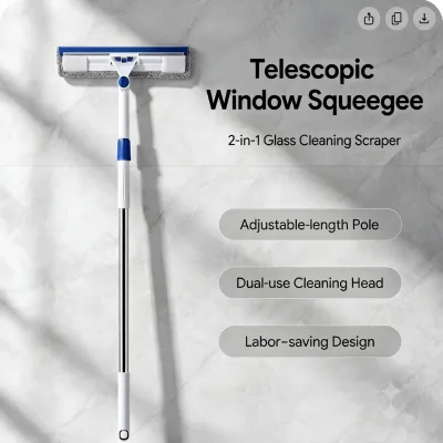 Homewareplus+ Window Squeegee Telescopic Pole Stainless Steel Microfiber Scrubber 360 Degree Rotatable Glass Wiper Durable