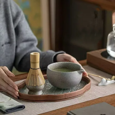 Custom Logo Japanese Kiln-baked Coarse Pottery Matcha Bowl Chaishen Matcha Brush 9-piece Set of Matcha Preparation Tools