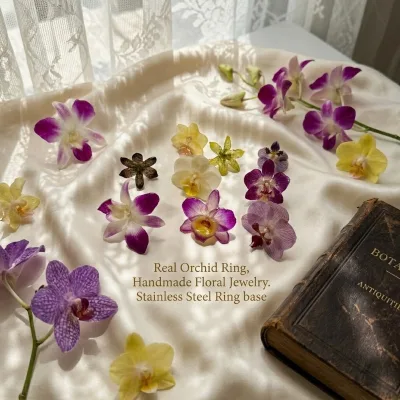 Handmade Natural Dried Flower Resin Ring Non-tarnish Stainless Steel Band Real Orchid Botanical Ring Eco-friendly Jewelry