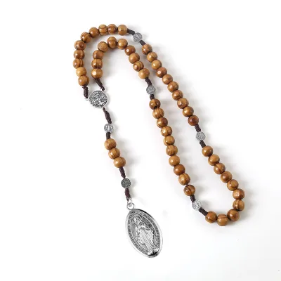 Wooden Crucifix Cross Necklace Handmade Rosary Beads Prayer St Benedict Virgin Mary Charm Religious Catholic Jewelry