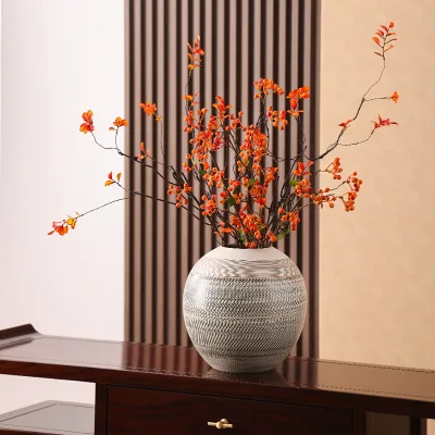 Contemporary Vintage Brown Striped Nature Color Botanical Flower Bottle Pottery Ceramic Vase for Decoration