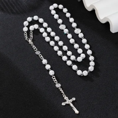 Trendy Sparkling Diamond Cross Necklace, Vintage Beaded Statement Jewelry, Versatile Western Style Pendant for Women