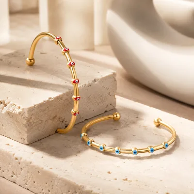 18K PVD Gold Stainless Steel Oil Drip Enamel Eye Open Cuff Bangle Adjustable Waterproof Bracelet for Women Wholesale