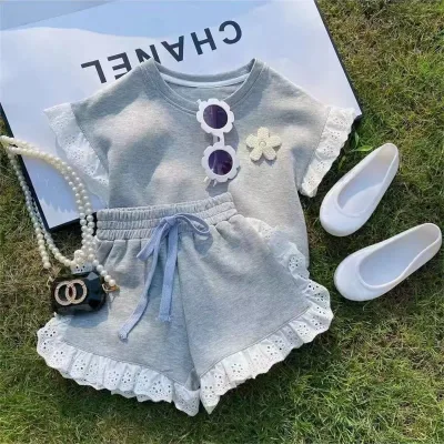 Girls Summer Cotton Set Korean-Style Casual Lace-Trimmed Short-Sleeve T-Shirt Shorts Collar Label for Toddlers Older Children