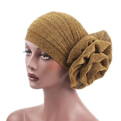 Big Beautiful Glitter Flower Turban Hijabs Muslim Headwraps African Hijab Caps for Woman Indian Cap Turbans Headbands Head Wrap