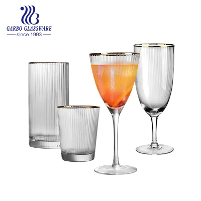 Handmade Luxury Drinking Glass Cup with Gold Rim Hot Sale Ribbed Glass Goblet Champagne Flute Coupes Cocktail Water Glass Goblet