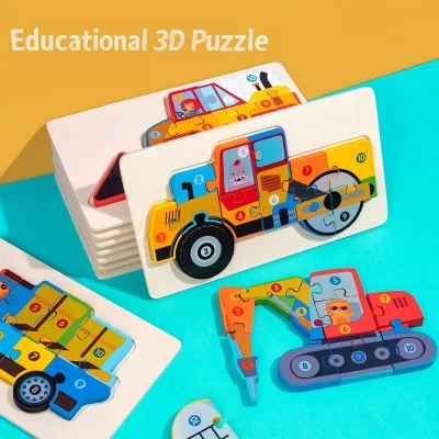 Wooden 3D Puzzle Engineering Vehicle Traffic Cognition Matching Educational Toy for Kids Aged 3-6