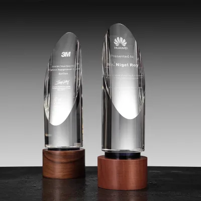 High Quality K9 Crystal Glass Trophy Wooden Base with Sport and Religious Themes Laser Engraving Award Medal and Plaques