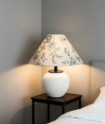 Modern Minimalist Vintage White Textured Ceramic Base Lamp Beige Fabric Shade Lamp Floral Print Lampshade Farmhouse Table Lamp