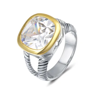 Twisted Cable Wire Two Tone Cushion Cut CZ Stainless Steel Titanium Plated Statement Ring Fashion Love Antique Women