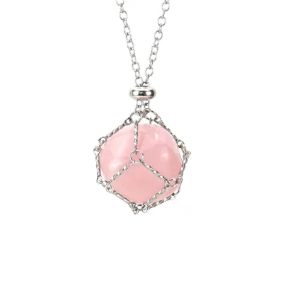 DIY Wholesale pink crystal pendant stainless steel handmade chain woven net rose quartz necklace crystal tumble stone pendant