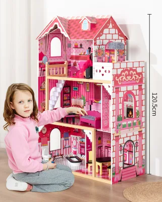 Kid Role Play DIY Castle Family Oversized Villa Dollhouse Children Hot Pink Wooden Doll House Toy Set with Furniture Accessories