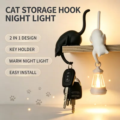 Cat Storage Hook Night Light 2 in 1 Key Holder Wall Mount Hanging Lamp for Entrance Bedroom Bathroom Home Decor Gift