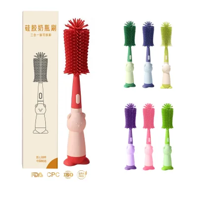 3-in-1 Liquid Silicone Bristle Baby Bottle Cleaning Brush Set Household PP Baby Bottle Cleaner with Durable Silicone Material