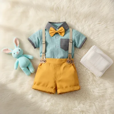 Solid Pattern Boys' Dress Set Formal Summer Strapped Shirt Clothing Accessories