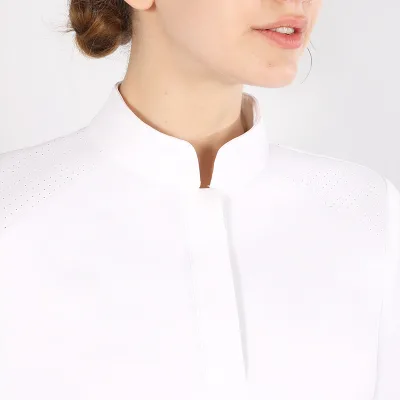 Women's Stylish Delicate White T-Shirt with Free Movement Buttons Stand Collar for Horse Lovers Breathable Comfort