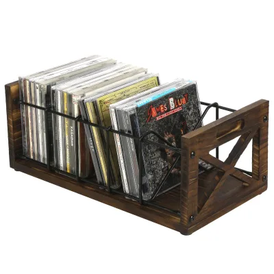 5-Slot Rustic Solid Burnt Wood Black Metal Wire CD/DVD Storage Rack 'X-Cross' Design Farmhouse Industrial Style Laundry Baskets
