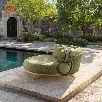 Designer Round Outdoor Lounge Chair with Arched Rope Armrest, Modern Olive Green Woven Daybed Sofa with Wooden Legs for Poolside