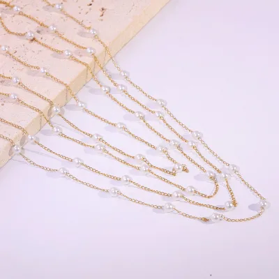 Minimalist Trendy Pearl Three-layer Necklace Unisex 18k Gold Plated Stainless Steel Chain Animal Design White Beads Simple