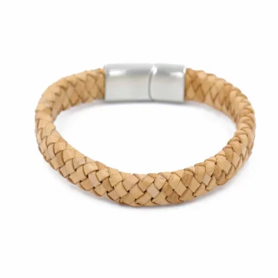 Handmade Leather Bracelet Simple Stainless Steel Magnetic Clasp Yellow Flat Wide Leather Bracelet for Men