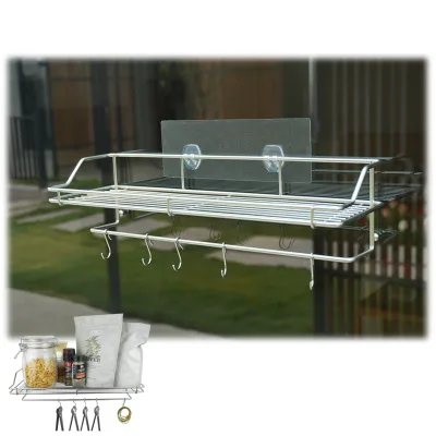Kitchen Accessories Stainless Steel Storage Holders & Racks Shelf Metal Storage Basket with Small Hooks