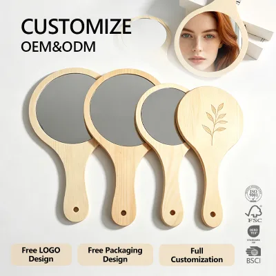 FSC Certified High-end Natural Wood Handheld Makeup Mirror Professional Salon Hair Mirror with Ergonomic Handle Wholesale