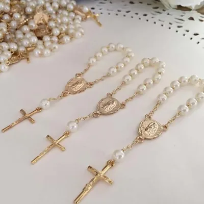 Hot Selling Mini Rosary Rosaries Jewelry Baby Glass Pearl Maria Baptismal Communion Gifts Love Cross Fashion Beaded Necklaces