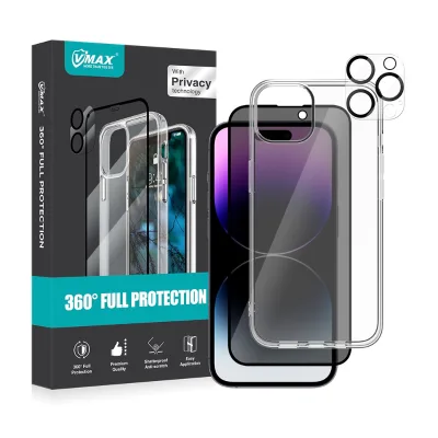 5 in 1 Full Protection Bundle Set for iPhone 14 13 12 Anti-spy Privacy Screen Protector & Camera Lens Protector with Phone Case