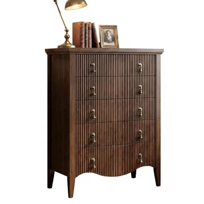 5-Drawer Fluted Vintage Dark Brown Wood-Look Tall Dresser Chest Freestanding Storage Cabinet Wood Antique Pulls Bedroom Living