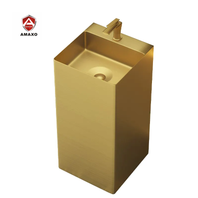 Floor Mounted Square Sink Brushed Gold Metal Wash Basin Sink