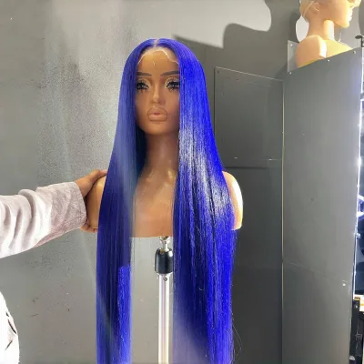 Charming Colored Blue Highlight Remy Hair Wig Heavy Density 100% Human Hair 13*6 HD Lace Front Wigs 4C Hairlined